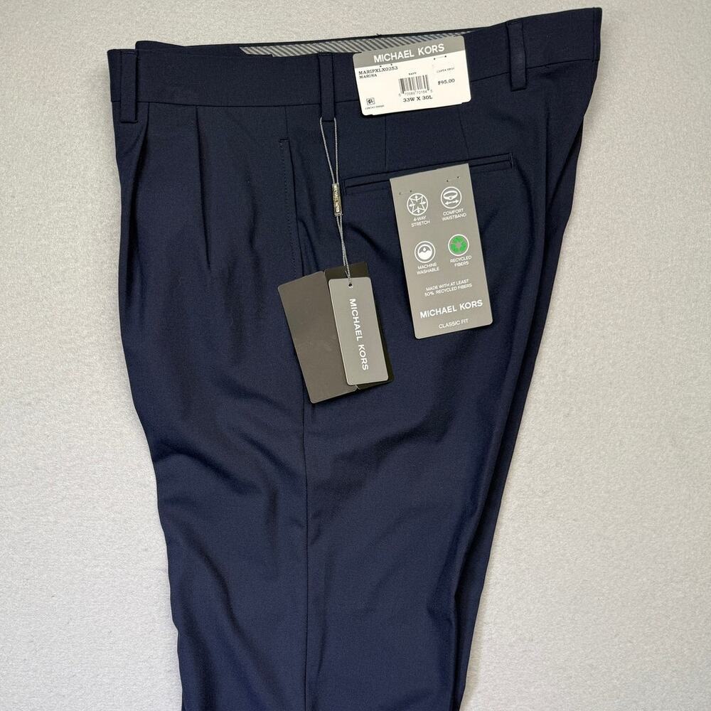 Michael Kors Men's Pleated Solid Classic Fit Pants Navy 33x30 $95